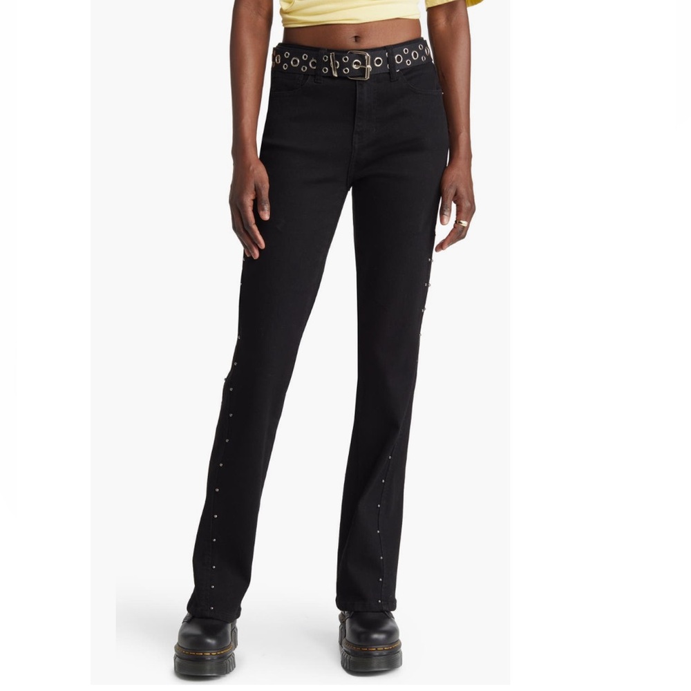 Nordstrom BP Cowgirl Inset Mid Rise Flare Jeans In Black Studded Rinse, Size 26